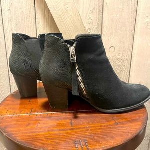 Vionic black suede booties with slight snake heel